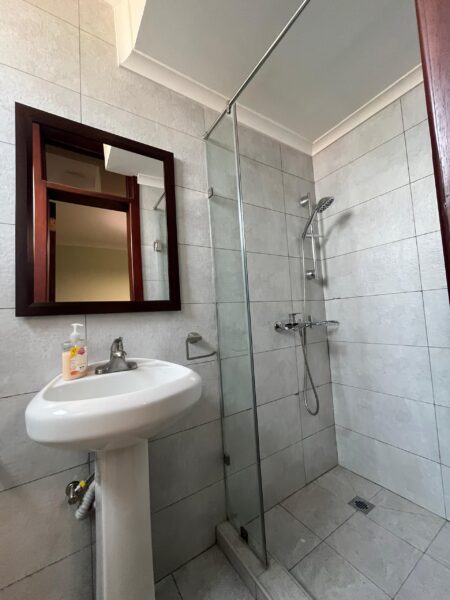 Bathroom with a pedestal sink, toilet, and glass-enclosed shower.
