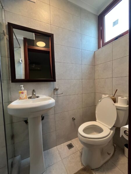 Bathroom with a pedestal sink, toilet, and glass-enclosed shower.