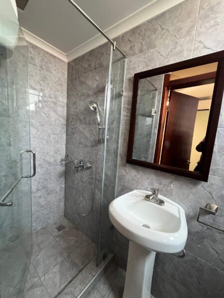 Bathroom with a pedestal sink, toilet, and glass-enclosed shower.
