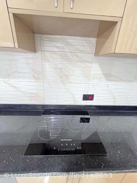 Equipped with a modern Amcon cooktop set in polished black granite.