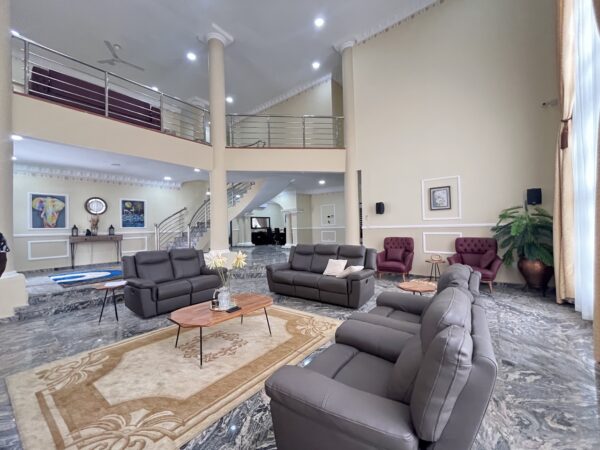 Grand living area with high ceilings and sophisticated furniture, perfect for entertaining guests.