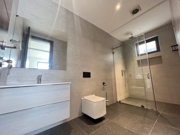 Luxurious en-suite bathroom featuring a sleek freestanding tub and double vanity.