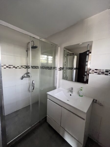 Sleek bathroom with a walk-in glass shower and modern fittings.