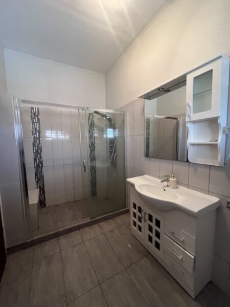 Sleek bathroom with a walk-in glass shower and modern fittings.