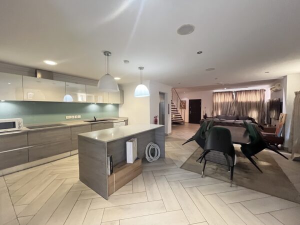 Fully furnished living and dining area with comfortable seating and stylish decor.